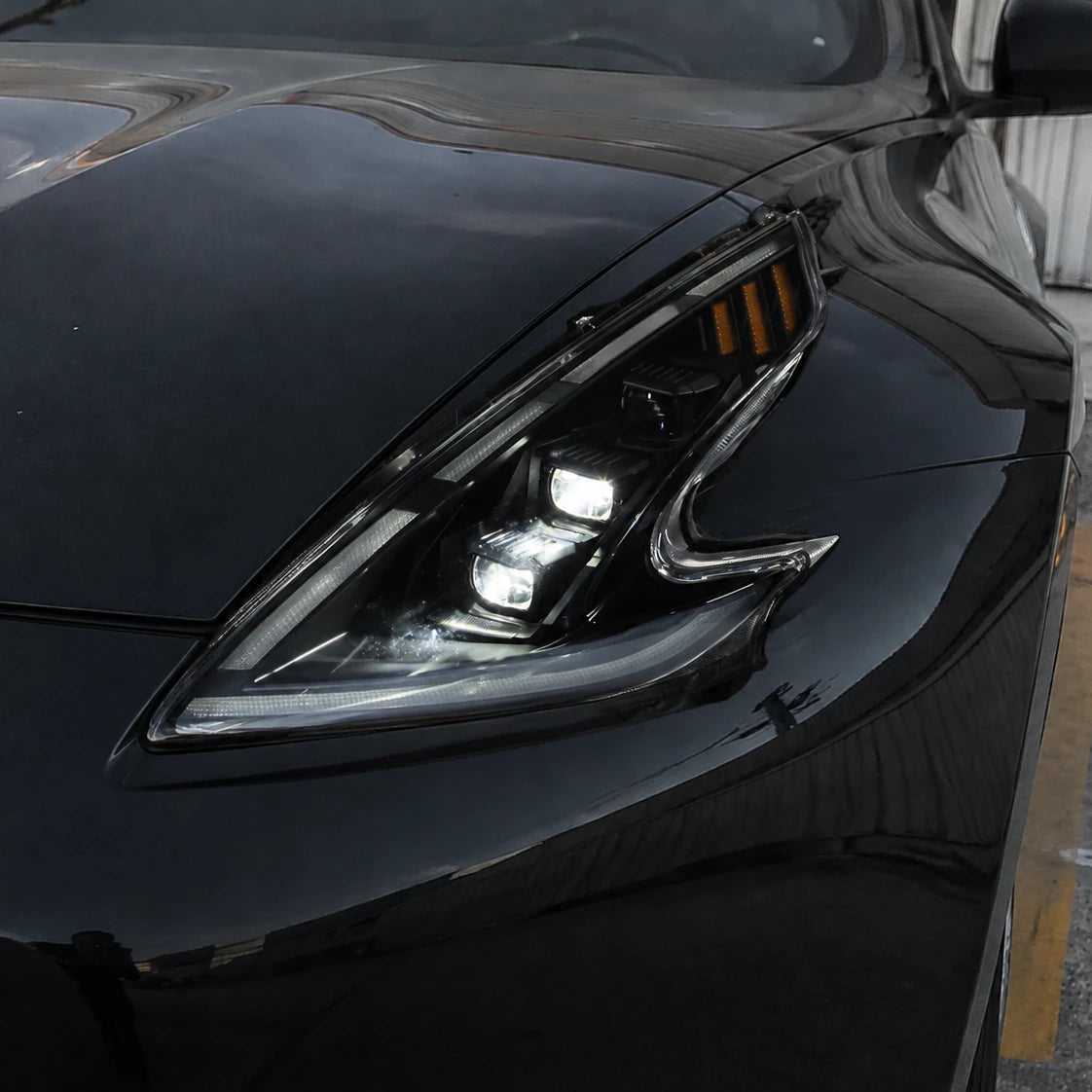 2008-2021 Nissan 370Z Z34 LED Triple Projector Headlights — low beam close-up — H-370Z