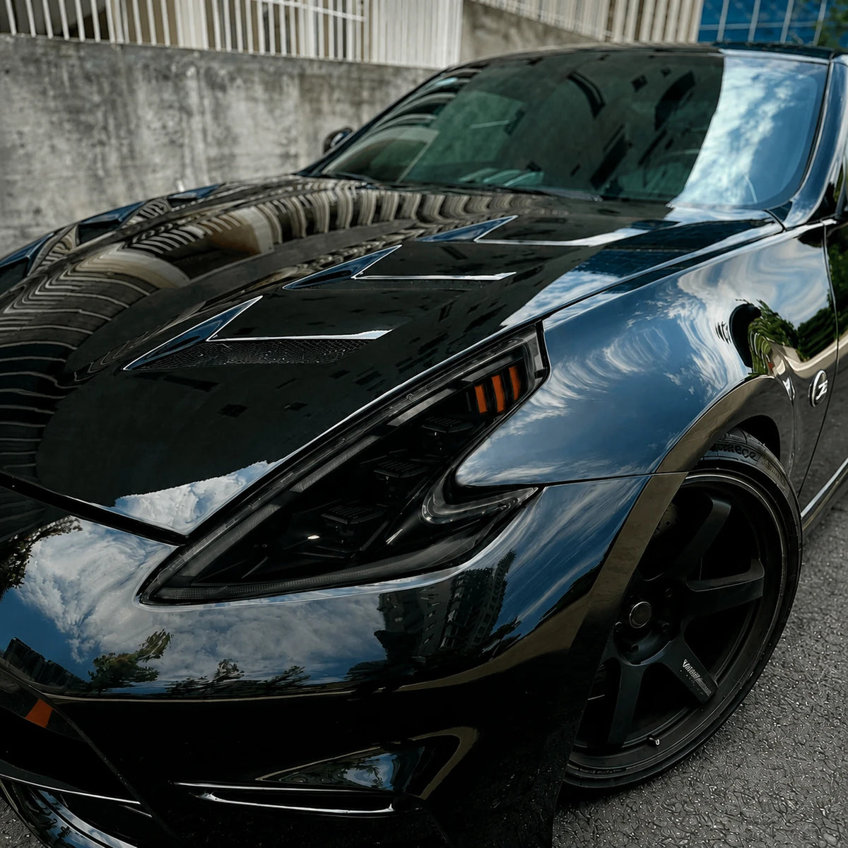 2008-2021 Nissan 370Z Z34 LED Triple Projector Headlights — lights-off close-up — H-370Z08-RGB