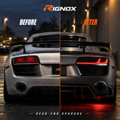 2008-2015 Audi R8 Coupe & Spyder Sequential LED Tail Lights Assembly — Pair — OEM vs upgraded tail lights comparison — T-R8-08-CW
