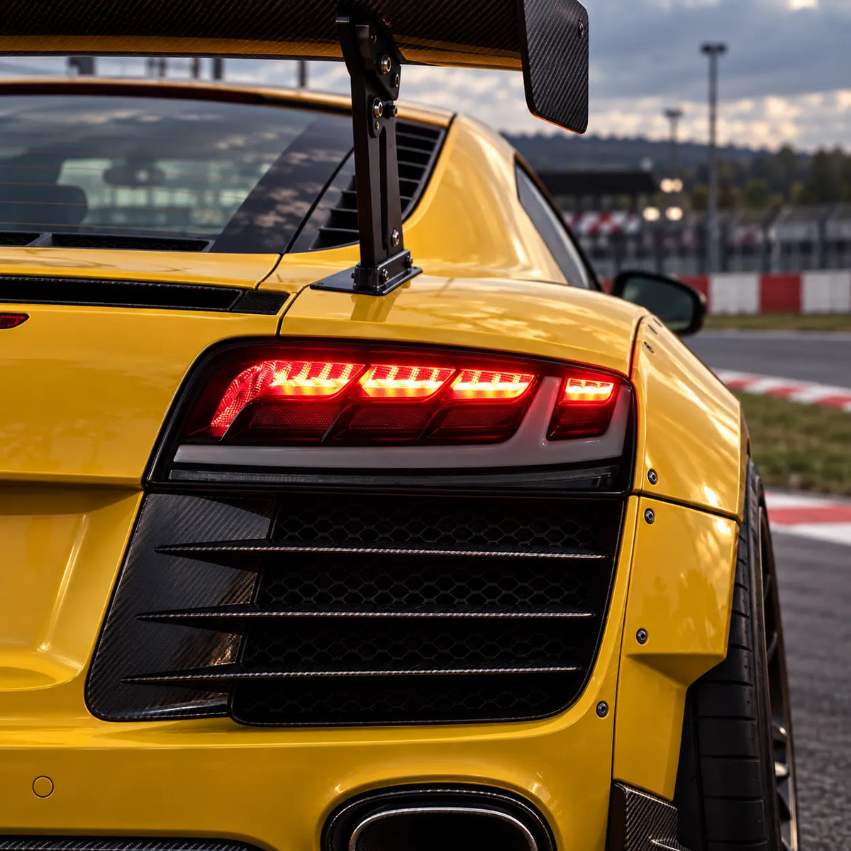 2008-2015 Audi R8 Coupe & Spyder Sequential LED Tail Lights Assembly — Pair — Rear quarter tail light illuminated close-up — T-R8-08-CW