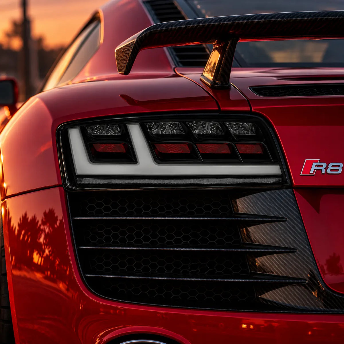 2008-2015 Audi R8 Coupe & Spyder Sequential LED Tail Lights Assembly — Pair — Clear White tail light lens close-up — T-R8-08-CW