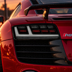 2008-2015 Audi R8 Coupe & Spyder Sequential LED Tail Lights Assembly — Pair — Clear White tail light lens close-up — T-R8-08-CW