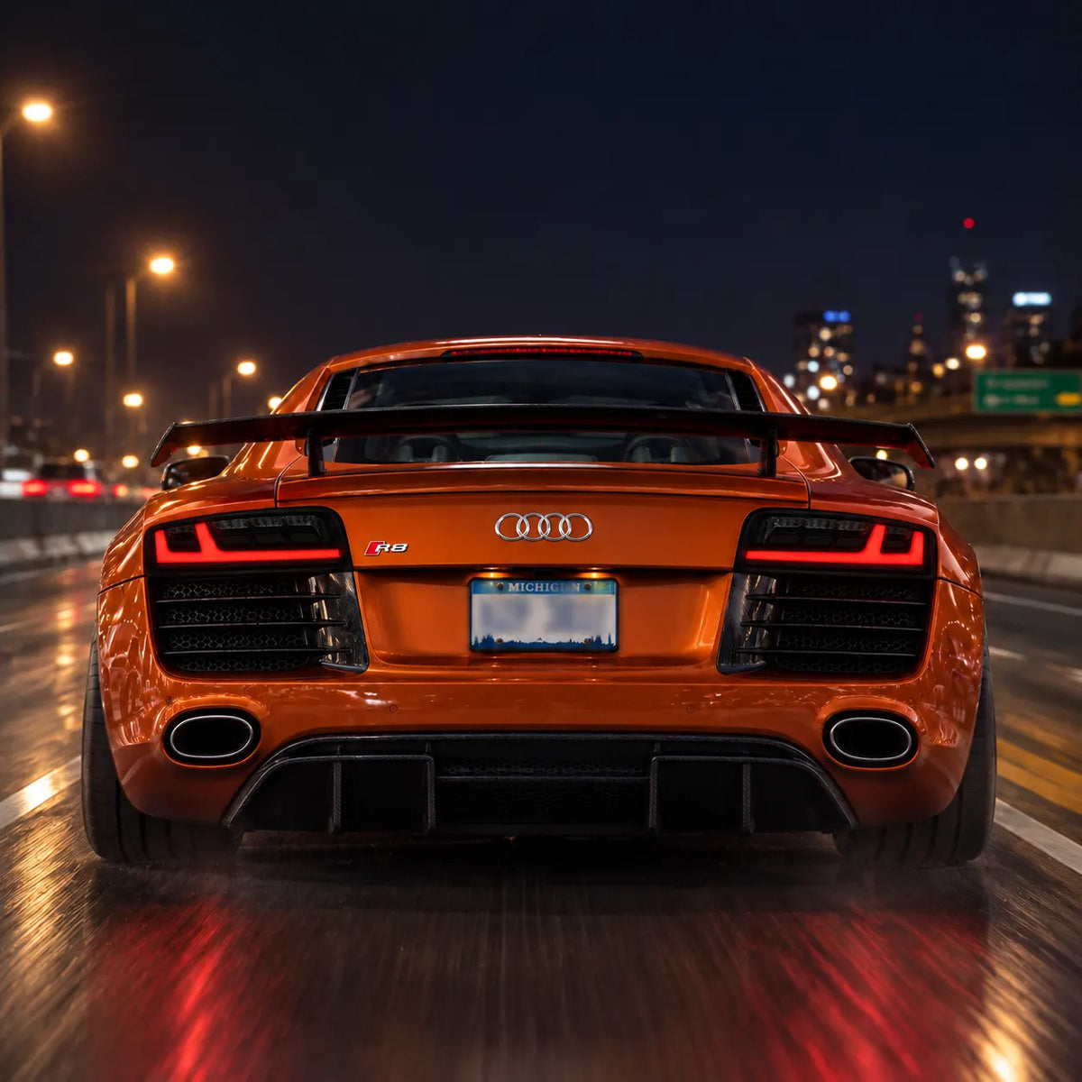 2008-2015 Audi R8 Coupe & Spyder Sequential LED Tail Lights Assembly — Pair — Orange Audi R8 night highway rear view — T-R8-08-CW