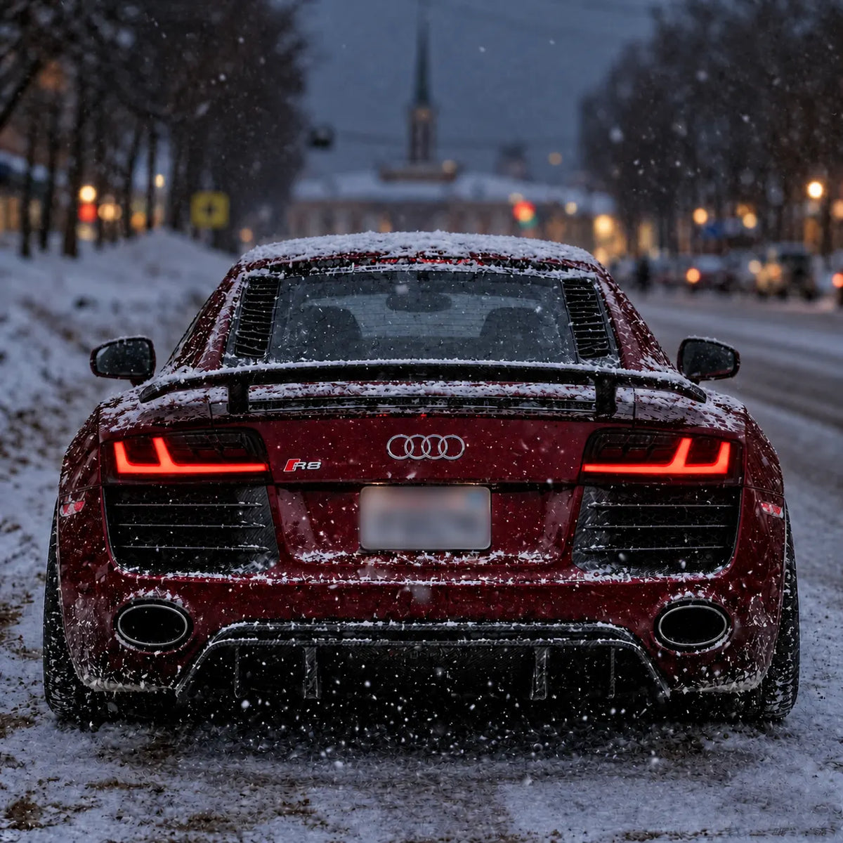 2008-2015 Audi R8 Coupe & Spyder Sequential LED Tail Lights Assembly — Pair — Audi R8 driving in snowfall rear view — T-R8-08-CW