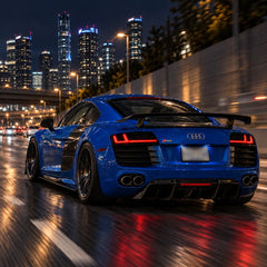 2008-2015 Audi R8 Coupe & Spyder Sequential LED Tail Lights Assembly — Pair — Blue Audi R8 city night driving — T-R8-08-CW