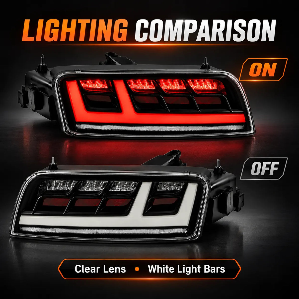 2008-2015 Audi R8 Coupe & Spyder Sequential LED Tail Lights Assembly — Pair — Tail lights illuminated and unlit comparison — T-R8-08-CW