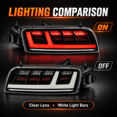 2008-2015 Audi R8 Coupe & Spyder Sequential LED Tail Lights Assembly — Pair — Tail lights illuminated and unlit comparison — T-R8-08-CW