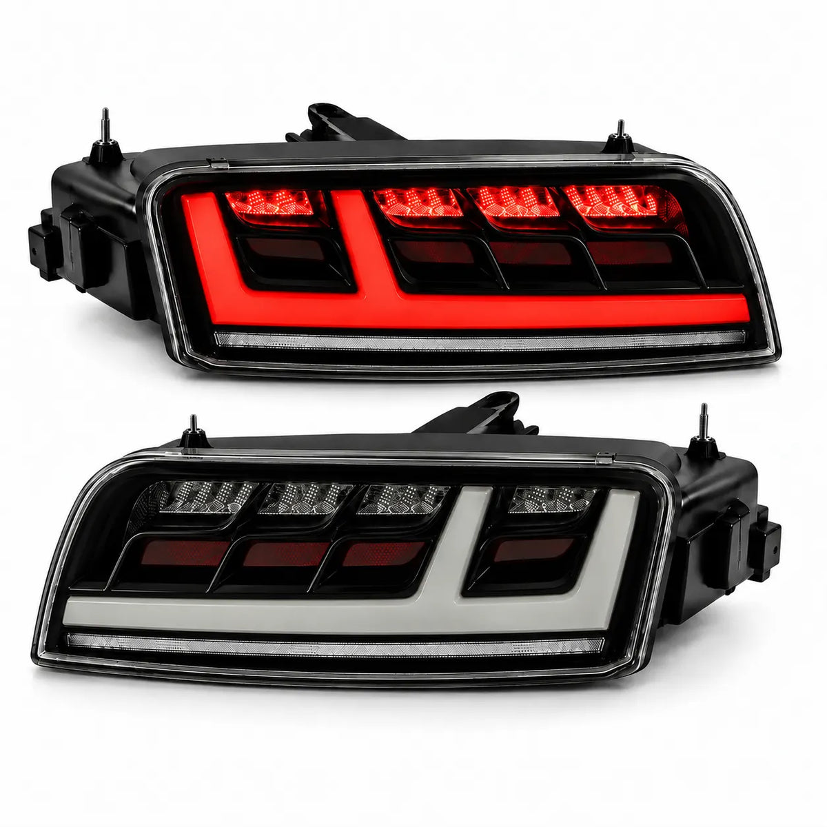 2008-2015 Audi R8 Coupe & Spyder Sequential LED Tail Lights Assembly — Pair — Clear White tail light on and off product display — T-R8-08-CW