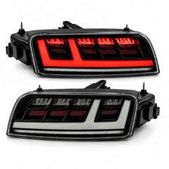 2008-2015 Audi R8 Coupe & Spyder Sequential LED Tail Lights Assembly — Pair — Clear White tail light on and off product display — T-R8-08-CW