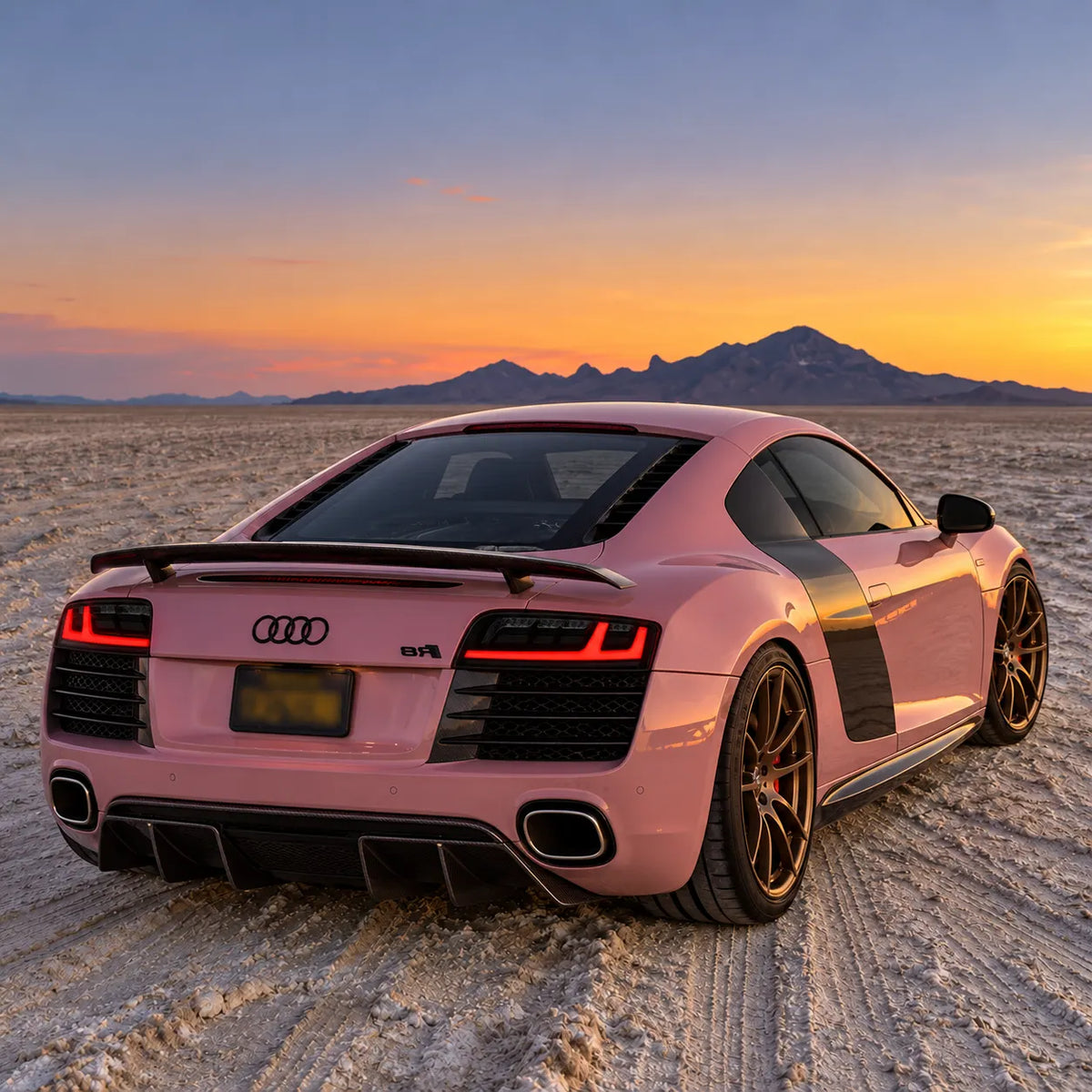 2008-2015 Audi R8 Coupe & Spyder Sequential LED Tail Lights Assembly — Pair — Pink Audi R8 parked at sunset — T-R8-08-CW