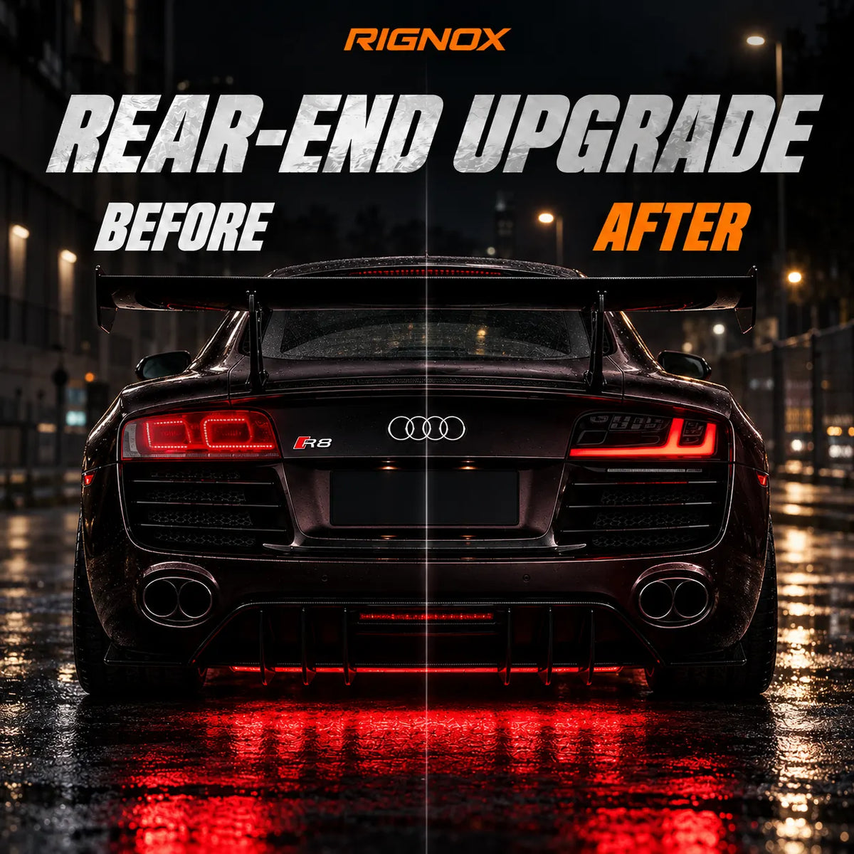 2008-2015 Audi R8 Coupe & Spyder Sequential LED Tail Lights Assembly — Pair — Rear-End Upgrade Before and After — T-R8-08-SR