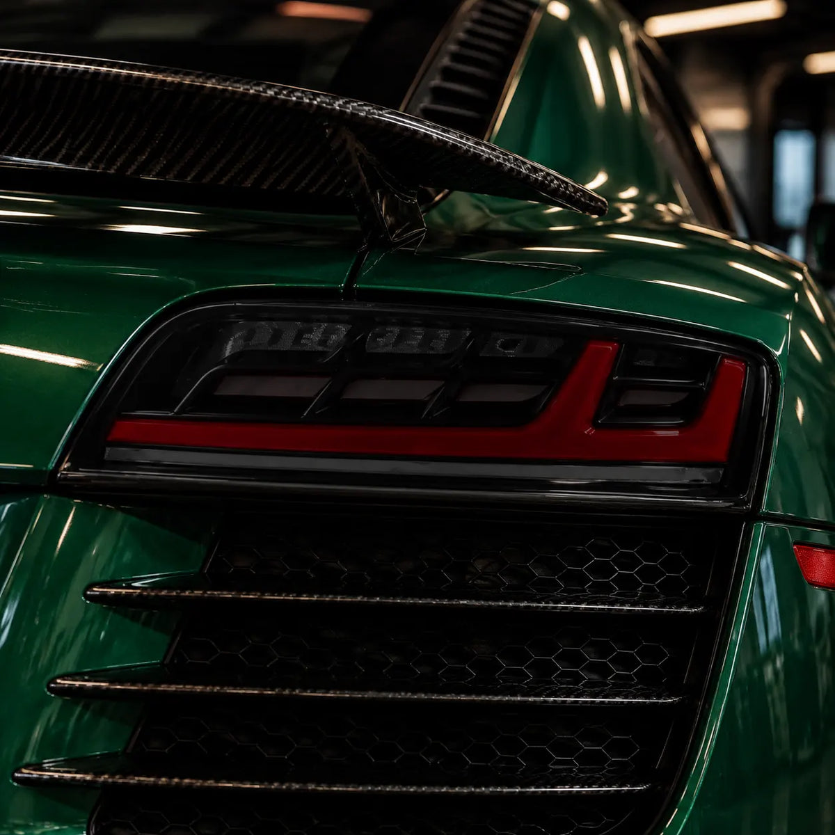 2008-2015 Audi R8 Coupe & Spyder Sequential LED Tail Lights Assembly — Pair — Green Audi R8 Unlit Tail Light Close-Up — T-R8-08-SR
