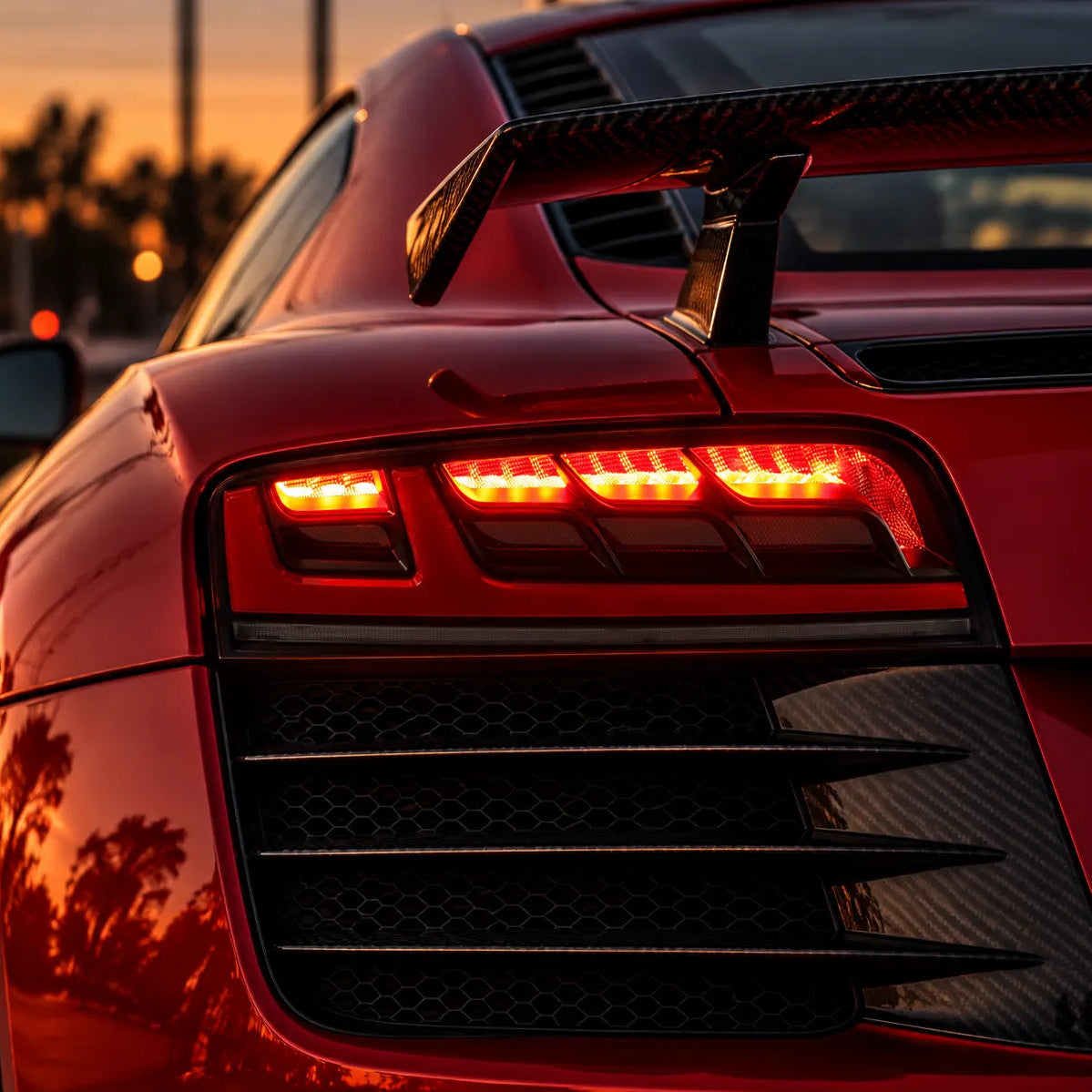 2008-2015 Audi R8 Coupe & Spyder Sequential LED Tail Lights Assembly — Pair — Red Audi R8 Brake Light Close-Up — T-R8-08-SR