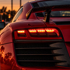2008-2015 Audi R8 Coupe & Spyder Sequential LED Tail Lights Assembly — Pair — Red Audi R8 Brake Light Close-Up — T-R8-08-SR
