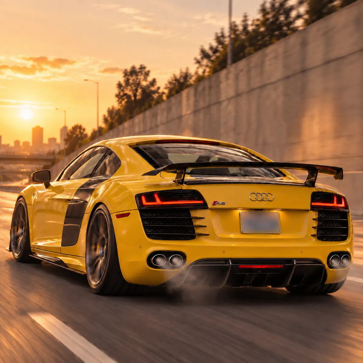 2008-2015 Audi R8 Coupe & Spyder Sequential LED Tail Lights Assembly — Pair — Yellow Audi R8 Sunset Driving Scene — T-R8-08-SR