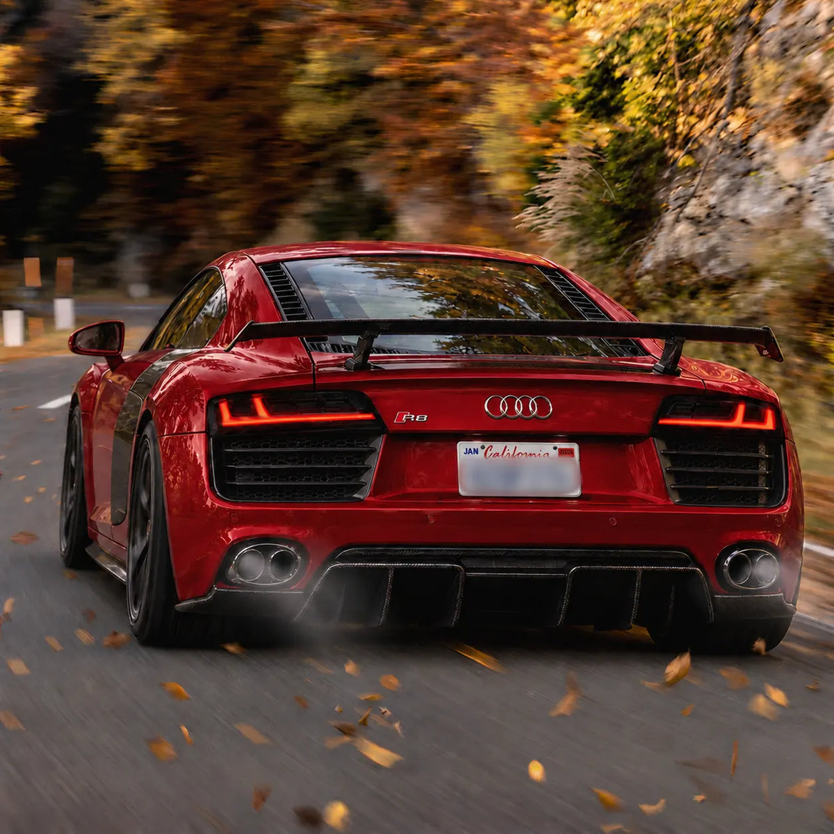 2008-2015 Audi R8 Coupe & Spyder Sequential LED Tail Lights Assembly — Pair — Red Audi R8 Autumn Road Driving Scene — T-R8-08-SR