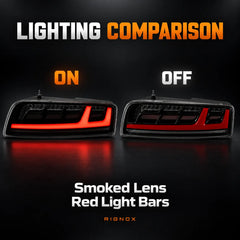 2008-2015 Audi R8 Coupe & Spyder Sequential LED Tail Lights Assembly — Pair — Smoked Red Light Bars On and Off Comparison — T-R8-08-SR