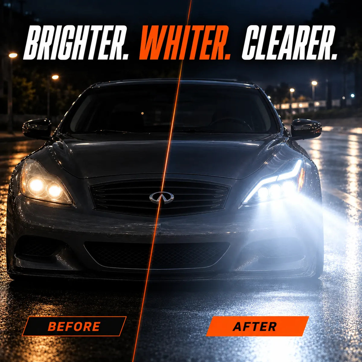 2008-2015 Infiniti G37 / Q60 Coupe & Convertible LED Triple Projector Headlights Assembly — Pair — Before and after headlight brightness comparison — H-G37