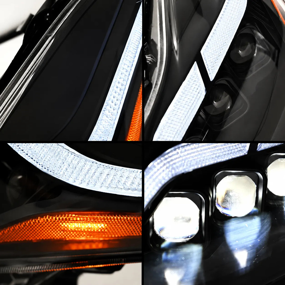 2008-2015 Infiniti G37 / Q60 Coupe & Convertible LED Triple Projector Headlights Assembly — Pair — Four-panel DRL, amber marker and triple projector details — H-G37