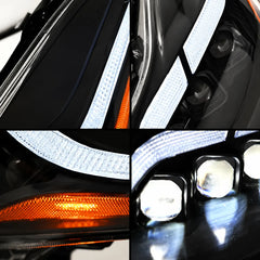 2008-2015 Infiniti G37 / Q60 Coupe & Convertible LED Triple Projector Headlights Assembly — Pair — Four-panel DRL, amber marker and triple projector details — H-G37