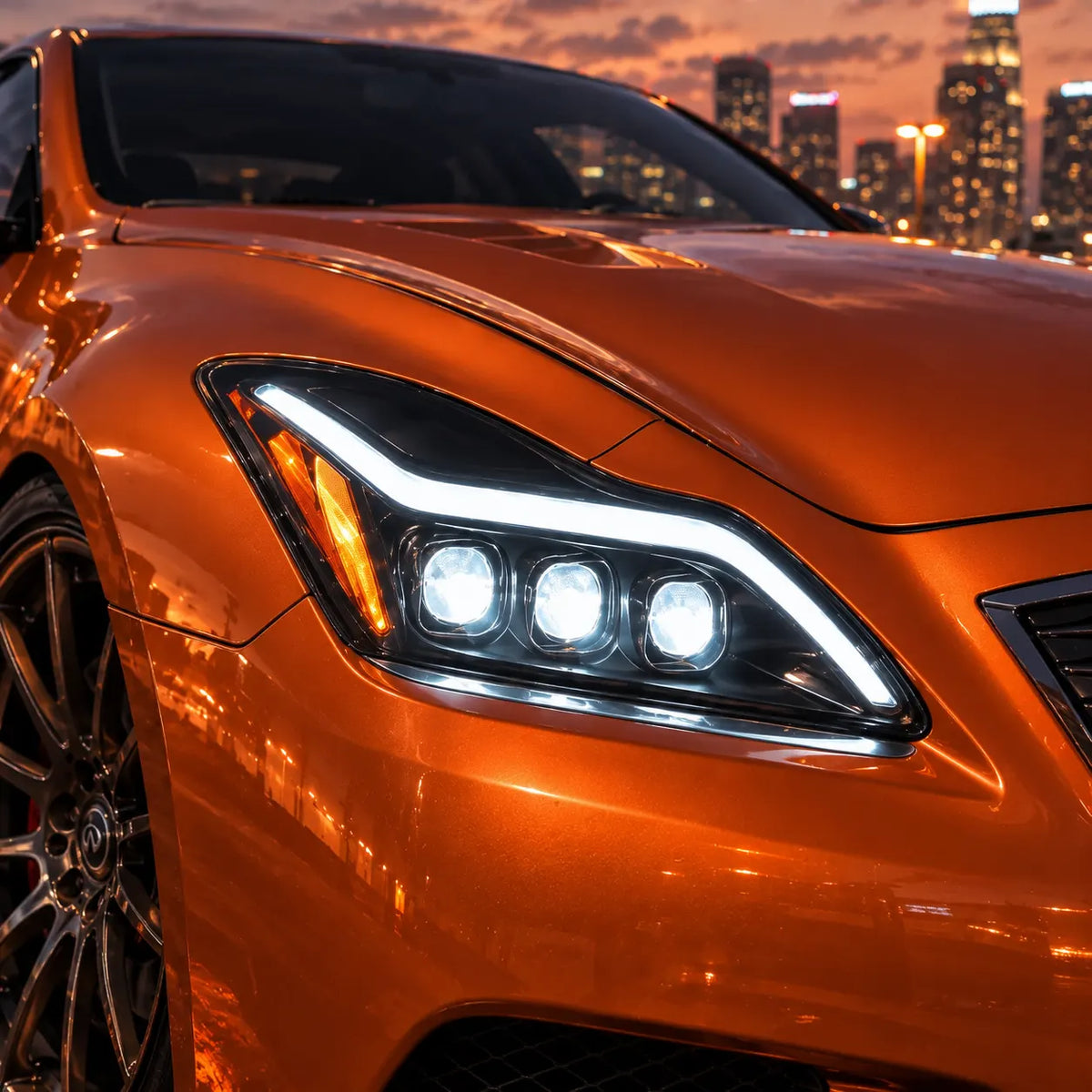 2008-2015 Infiniti G37 / Q60 Coupe & Convertible LED Triple Projector Headlights Assembly — Pair — Triple projectors and white DRL illuminated close-up — H-G37