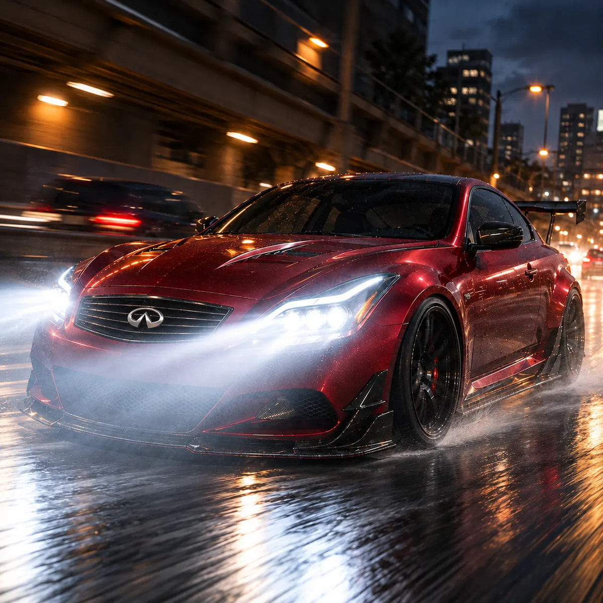 2008-2015 Infiniti G37 / Q60 Coupe & Convertible LED Triple Projector Headlights Assembly — Pair — Red G37 driving at night with headlights on — H-G37