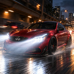 2008-2015 Infiniti G37 / Q60 Coupe & Convertible LED Triple Projector Headlights Assembly — Pair — Red G37 driving at night with headlights on — H-G37