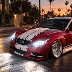 2008-2015 Infiniti G37 / Q60 Coupe & Convertible LED Triple Projector Headlights Assembly — Pair — Red striped G37 at dusk with headlights on — H-G37