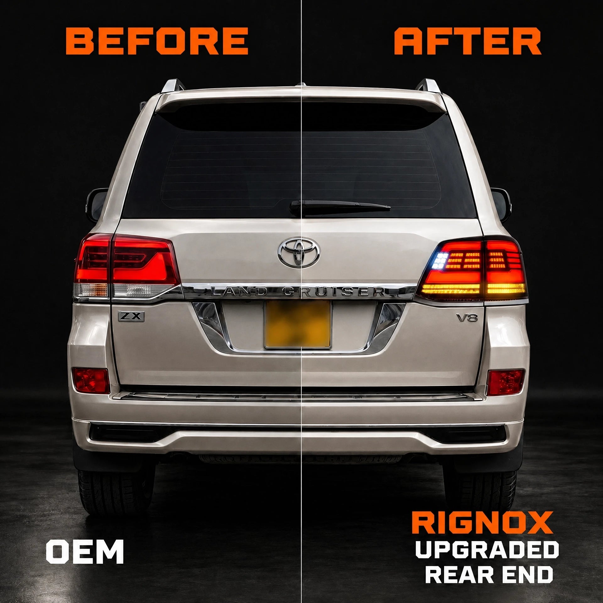 2008-2015 Toyota Land Cruiser 200 Sequential LED Tail Lights Assembly — before after comparison — T-LC200-08-SR