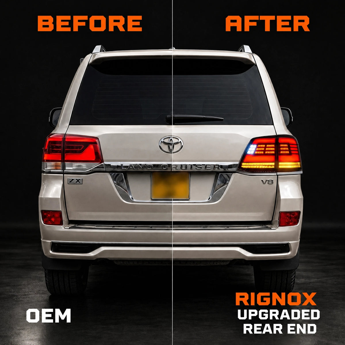 2008-2015 Toyota Land Cruiser 200 Sequential LED Tail Lights Assembly — before after comparison — T-LC200-08-SR