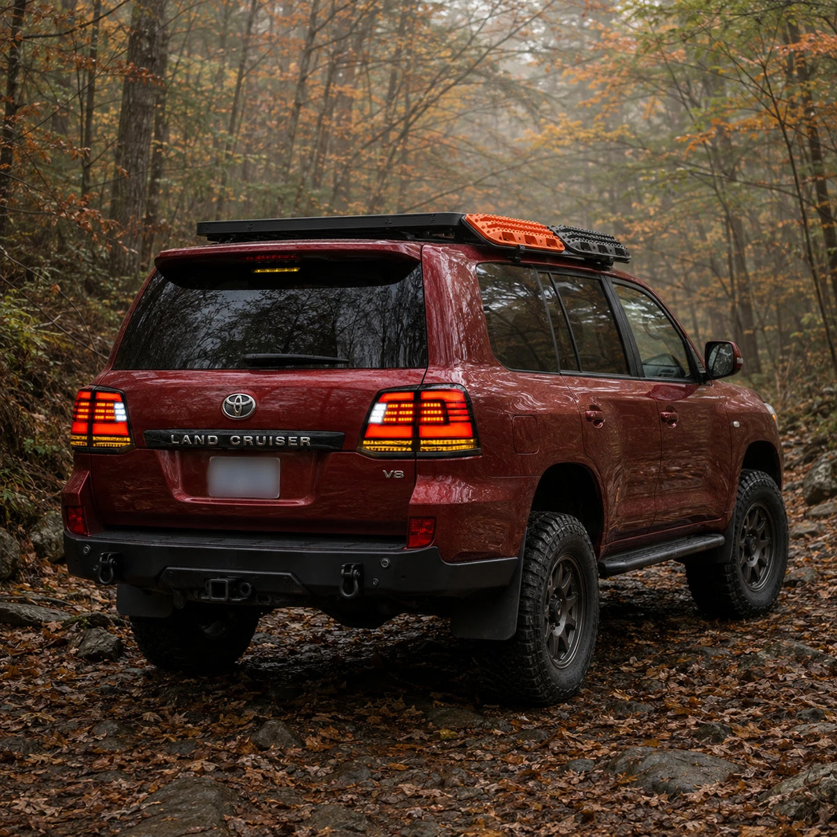 2008-2015 Toyota Land Cruiser 200 Sequential LED Tail Lights Assembly — driving in the forest — T-LC200-08-SR