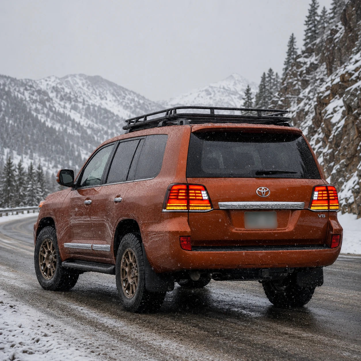 2008-2015 Toyota Land Cruiser 200 Sequential LED Tail Lights Assembly — show in winter snow — T-LC200-08-SR