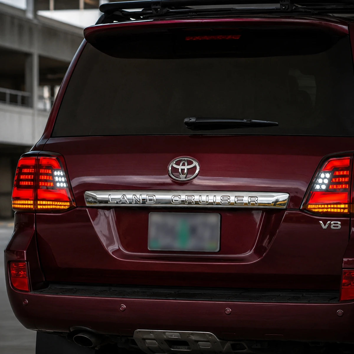 2008-2015 Toyota Land Cruiser 200 Sequential LED Tail Lights Assembly — indoor view with light-on — T-LC200-08-SR