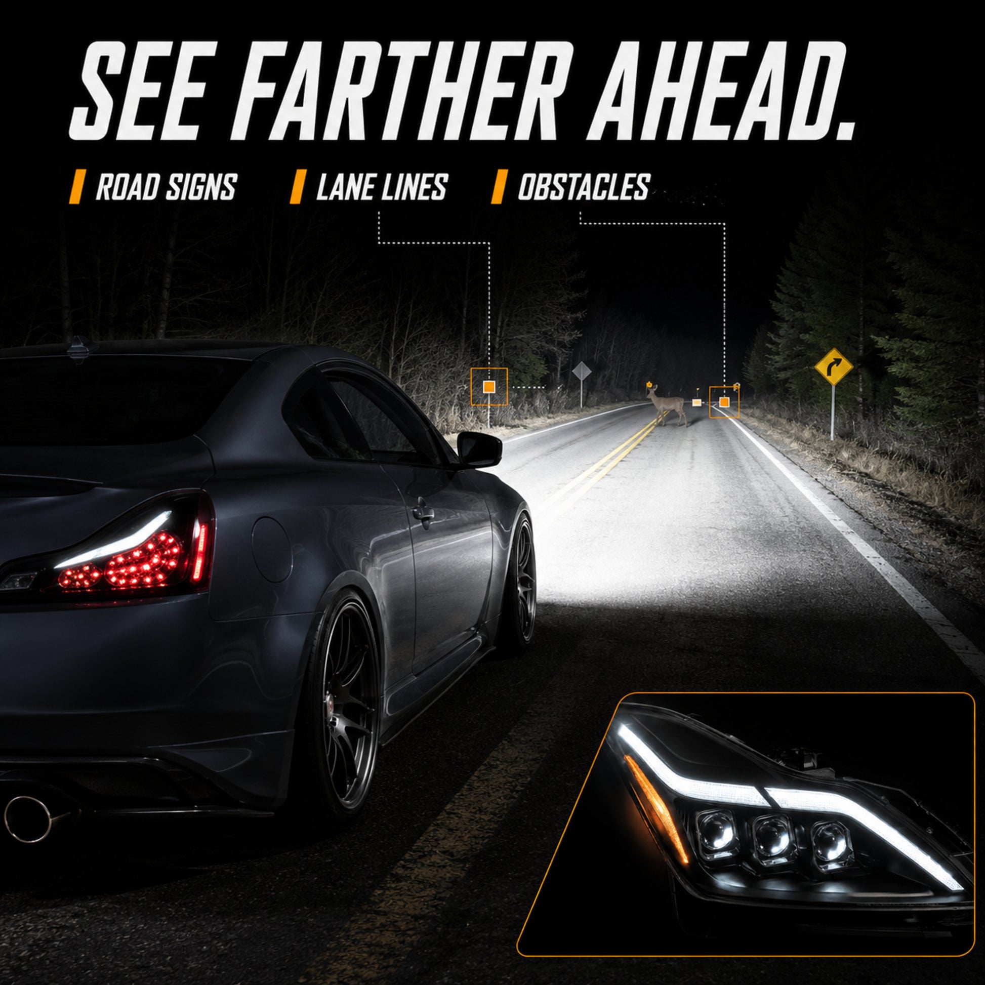 2008-2015 Infiniti G37 / Q60 Coupe & Convertible LED Triple Projector Headlights — clear LED function11 — H-G37