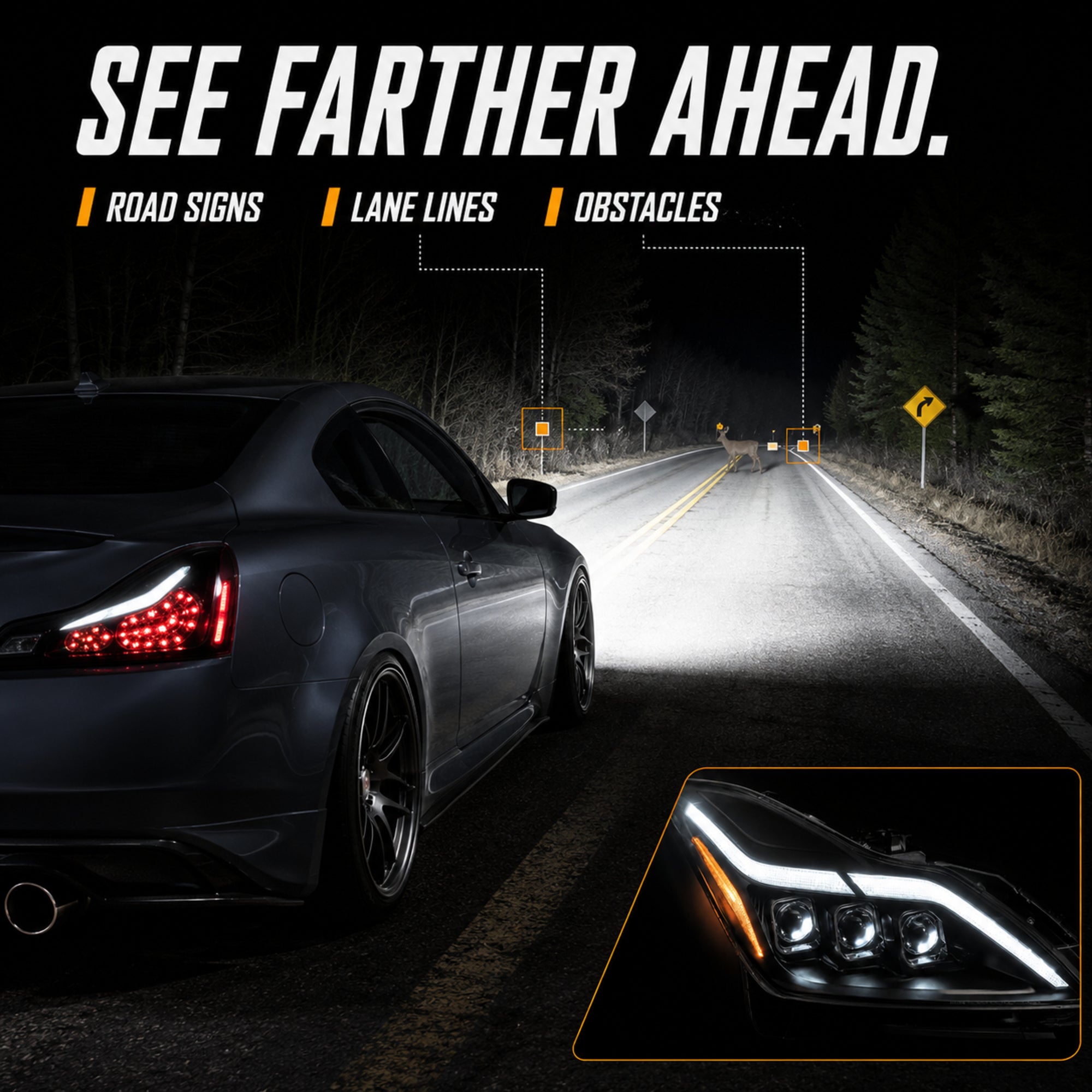 2008-2015 Infiniti G37 / Q60 Coupe & Convertible LED Triple Projector Headlights — clear LED function11 — H-G37