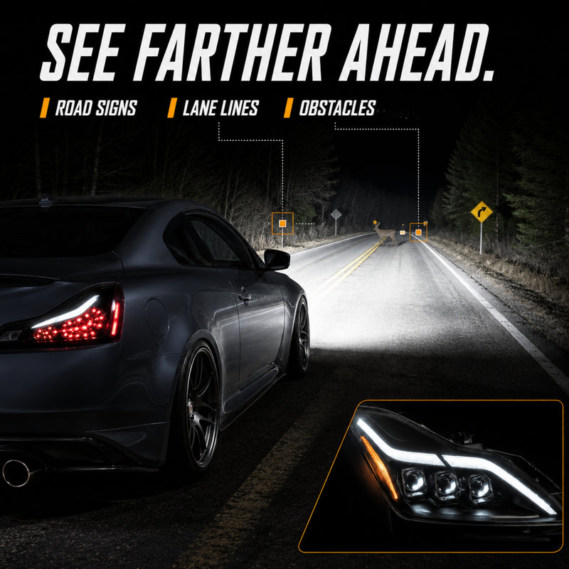 2008-2015 Infiniti G37 / Q60 Coupe & Convertible LED Triple Projector Headlights — clear LED function11 — H-G37