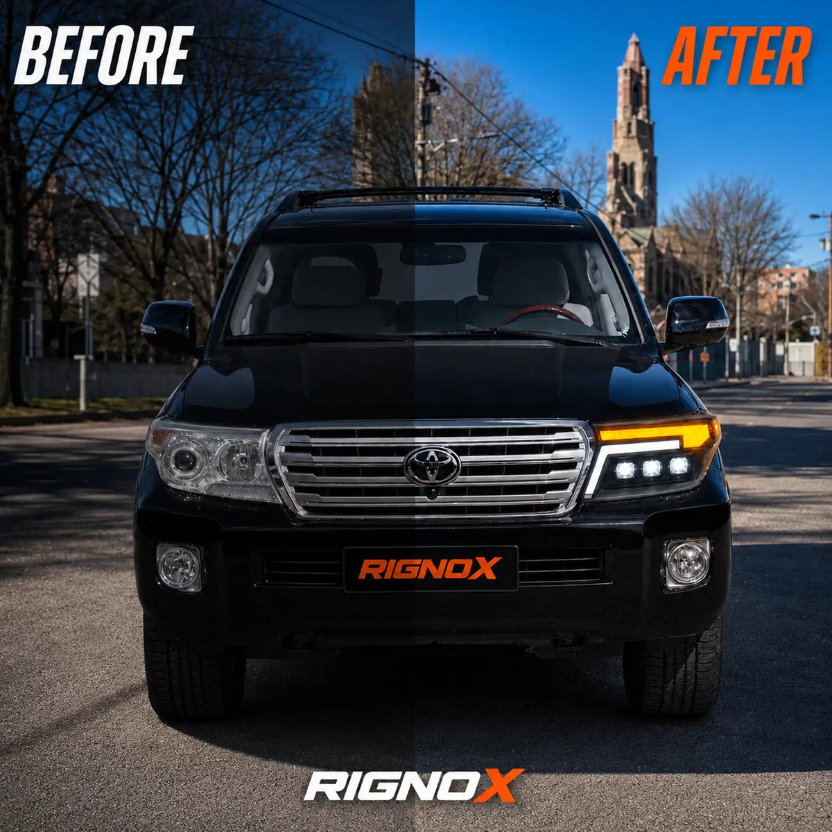 2008-2015 Toyota Land Cruiser 200 LED Triple Projector Headlights Assembly — before after comparison — H-LC200-08