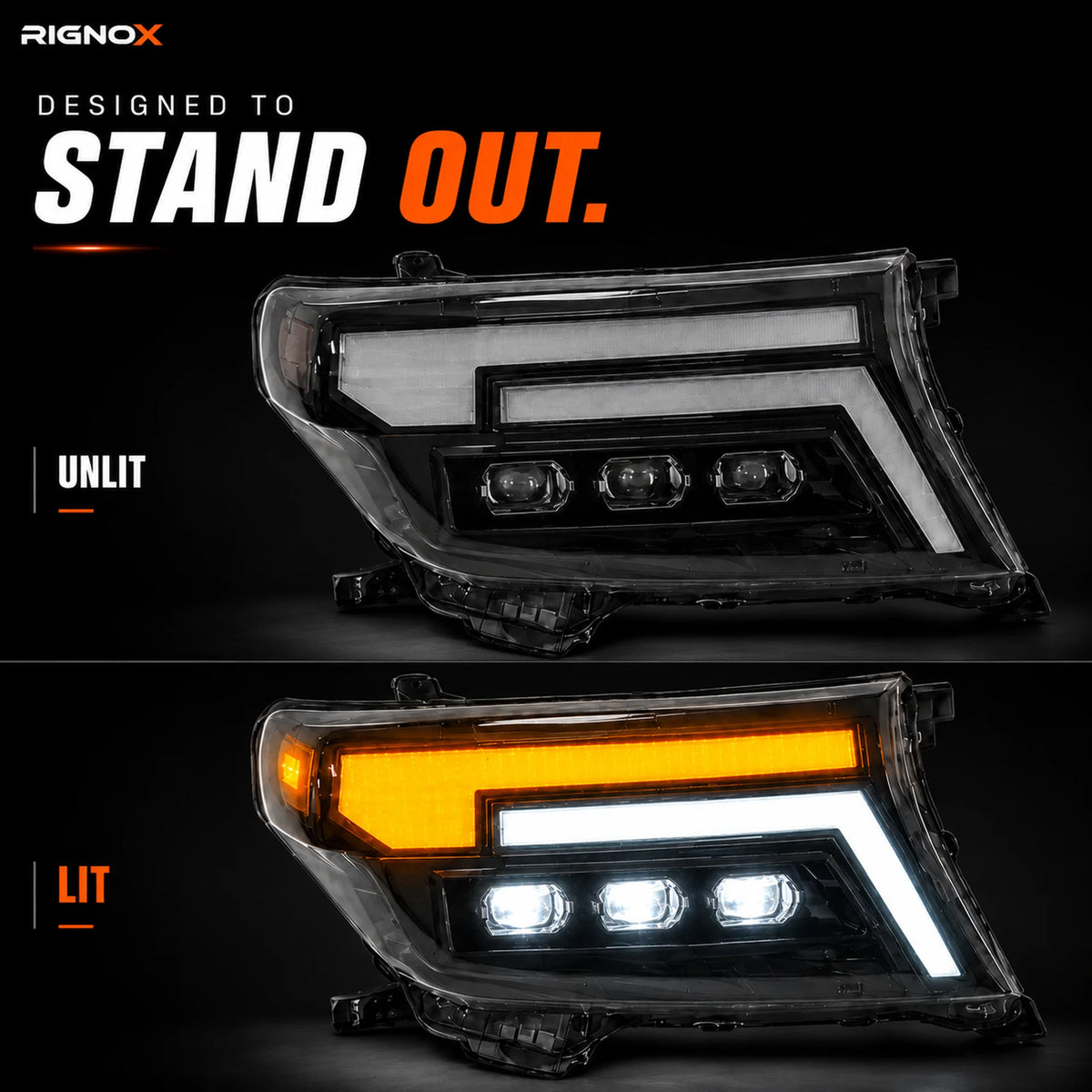 2008-2015 Toyota Land Cruiser 200 LED Triple Projector Headlights Assembly — light on off comparison — H-LC200-08