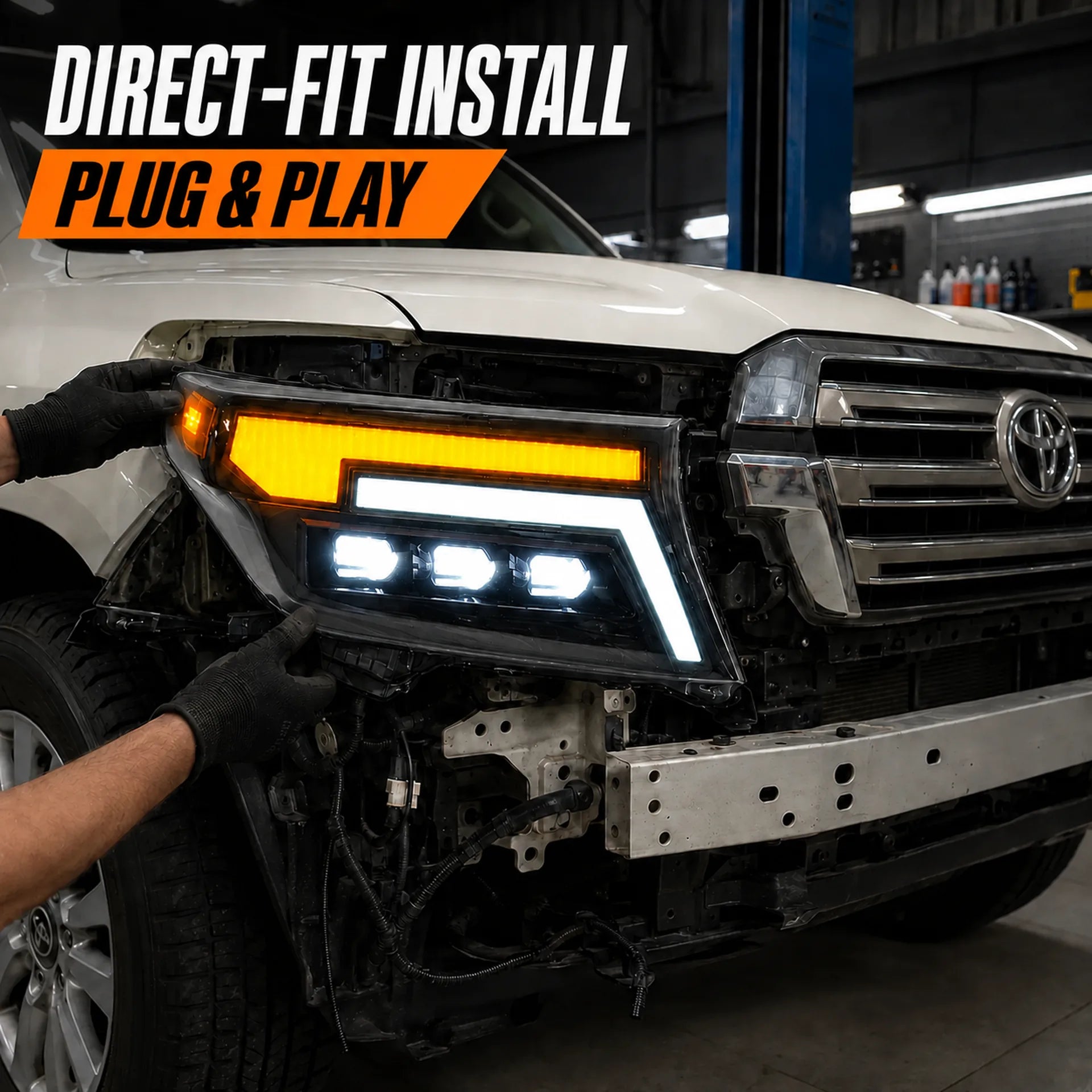 2008-2015 Toyota Land Cruiser 200 LED Triple Projector Headlights Assembly — plug and play installation — H-LC200-08
