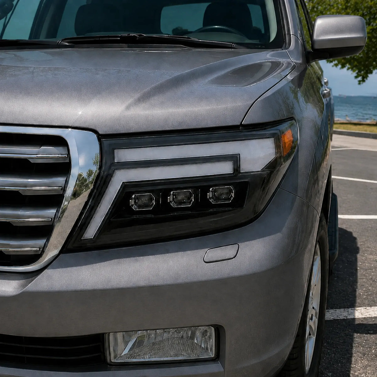 2008-2015 Toyota Land Cruiser 200 LED Triple Projector Headlights Assembly — light-off close-up — H-LC200-08