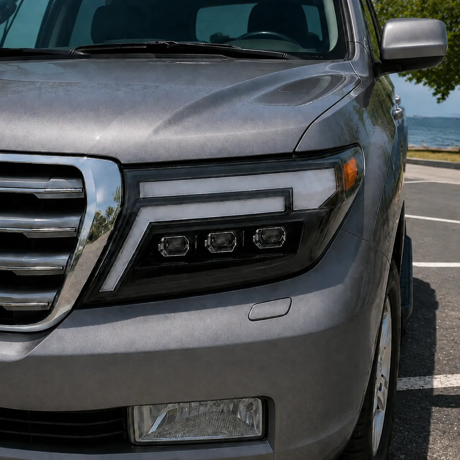 2008-2015 Toyota Land Cruiser 200 LED Triple Projector Headlights Assembly — light-off close-up — H-LC200-08