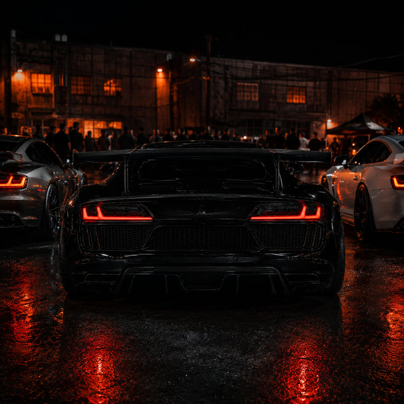 2008-2016 Audi R8 Sequential LED Tail Lights — clear white LED car club rear lineup - T-R8-08-SR