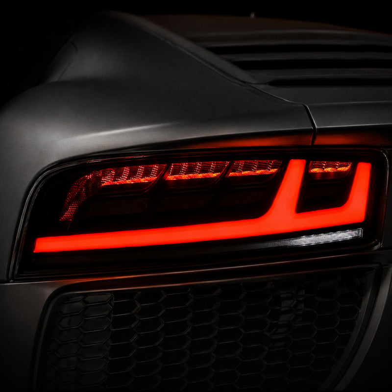 2008-2016 Audi R8 Sequential LED Tail Lights — smoked red close detail no text - T-R8-08-SR
