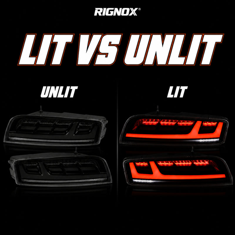 2008-2016 Audi R8 Sequential LED Tail Lights — smoked red lit unlit comparison - T-R8-08-SR