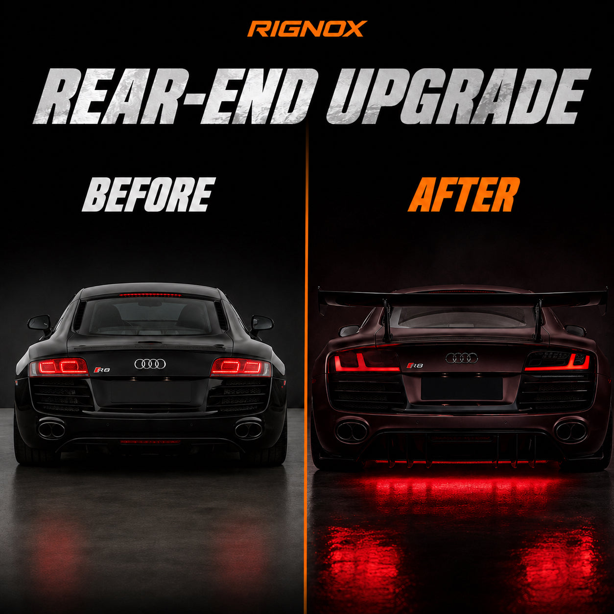 2008-2016 Audi R8 Sequential LED Tail Lights — smoked red low angle rearbefore.after jpg - T-R8-08-SR