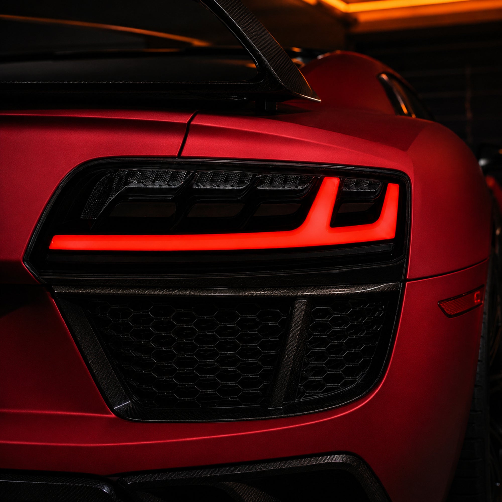 2008-2016 Audi R8 Sequential LED Tail Lights — smoked red LED close detail red wrap - T-R8-08-SR