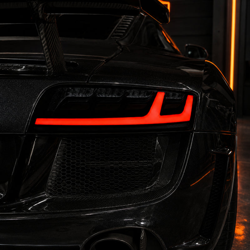 2008-2016 Audi R8 Sequential LED Tail Lights — smoked red LED install detail black - T-R8-08-SR
