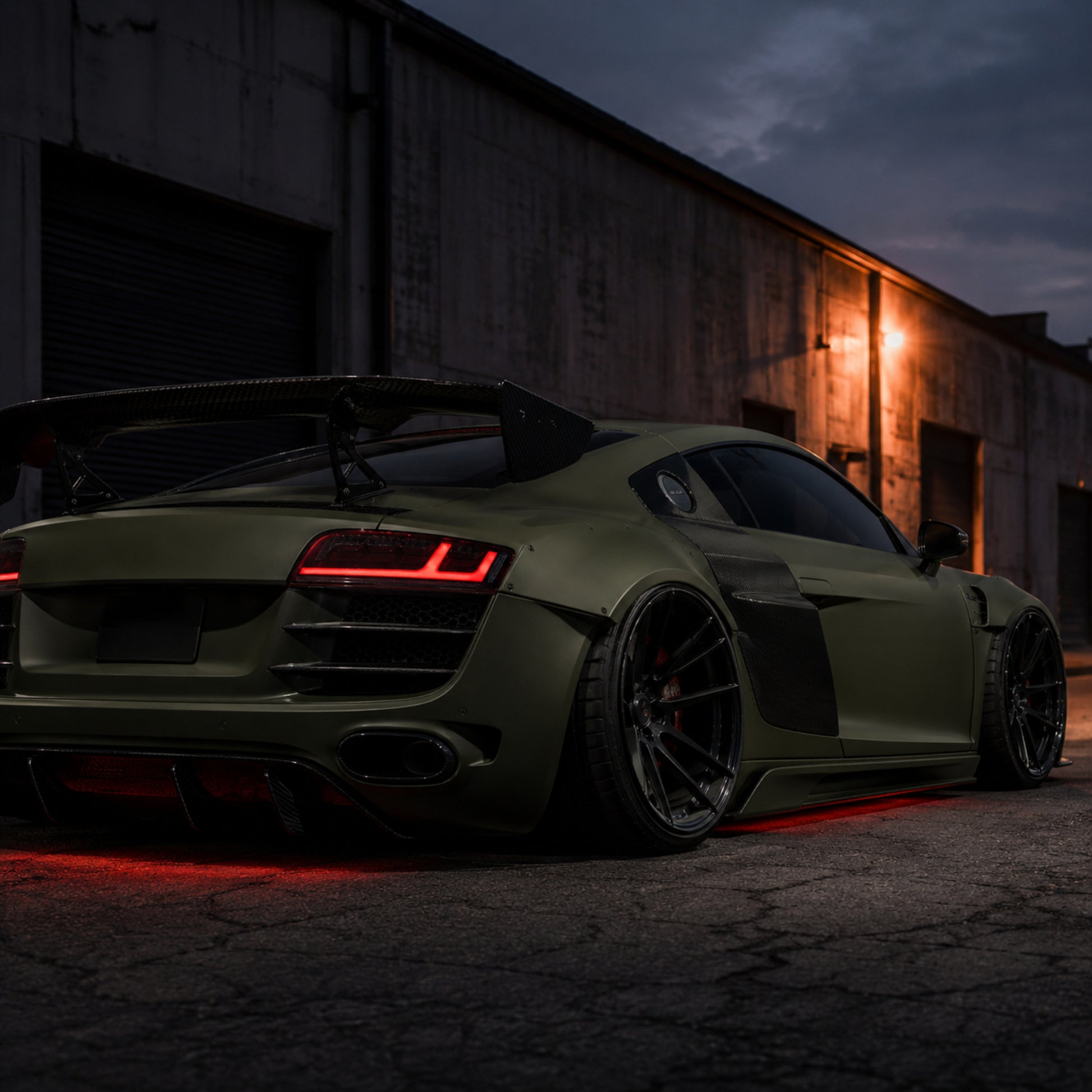 2008-2016 Audi R8 Sequential LED Tail Lights — smoked red LED side rear matte olive - T-R8-08-SR
