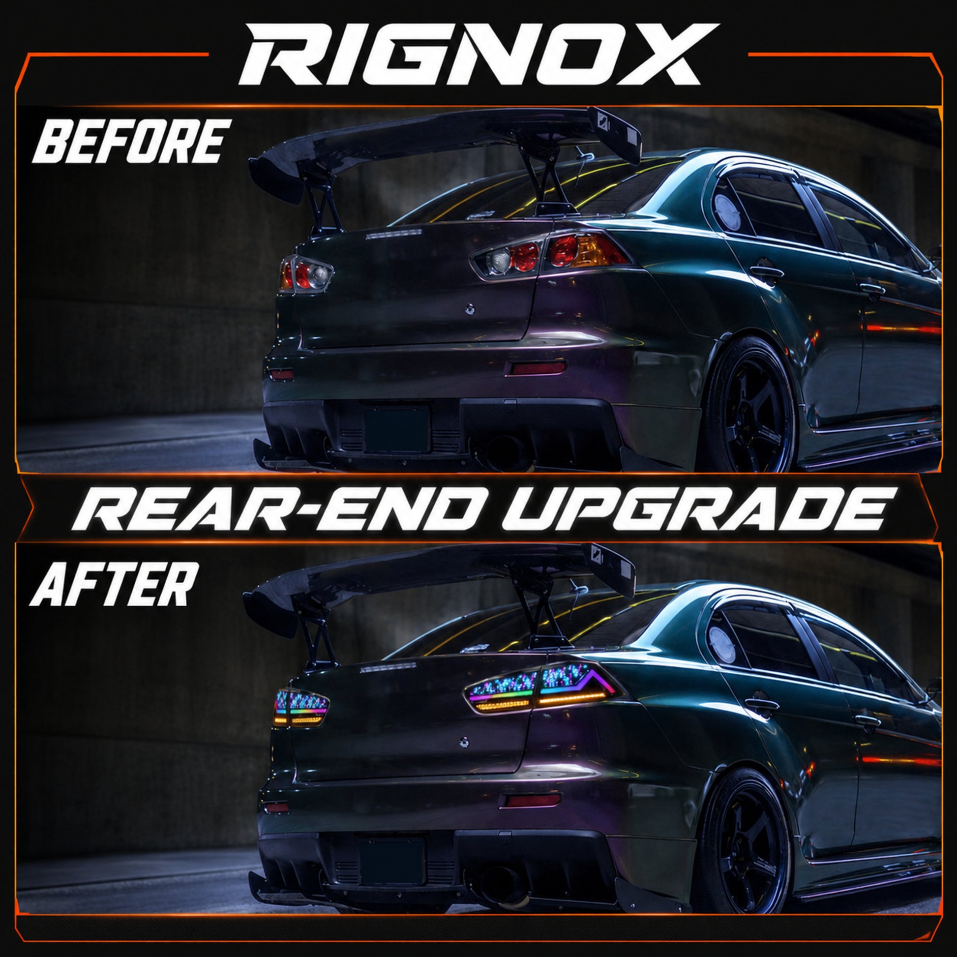 2008-2018 Mitsubishi Lancer / EVO X Sequential LED Tail Lights — digital RGB before after14 - T-EVO-SDG