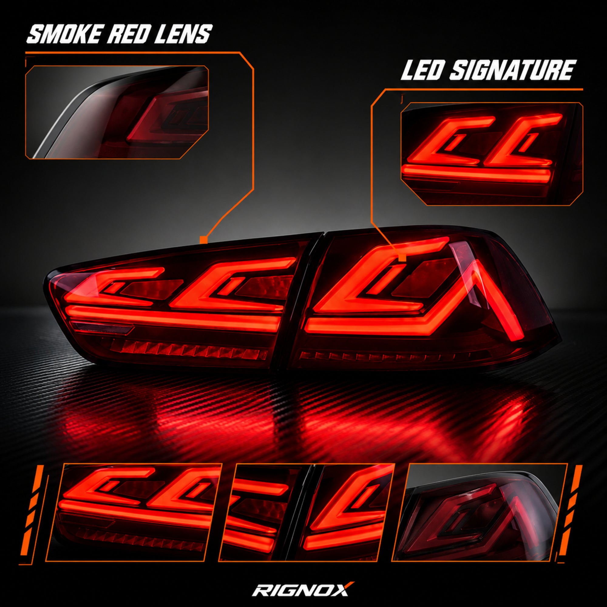 2008-2018 Mitsubishi Lancer / EVO X Sequential LED Tail Lights — smoke red sequential lens detail15 - T-EVO-SR